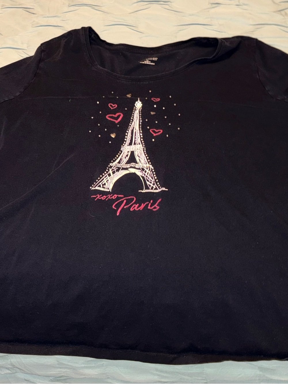 Catherines Black Tee with Pink & Silver Eiffel Tower Design